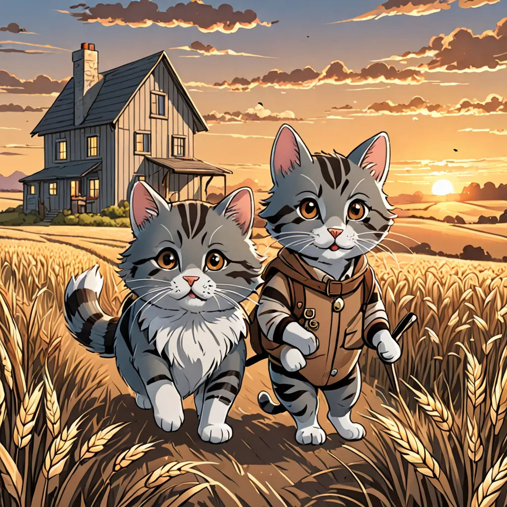 two cats are standing in a field of wheat at sunset, with a house in the background and a cat in the foreground, furry art, a comic book panel, Dan Mumford, comic cover art
