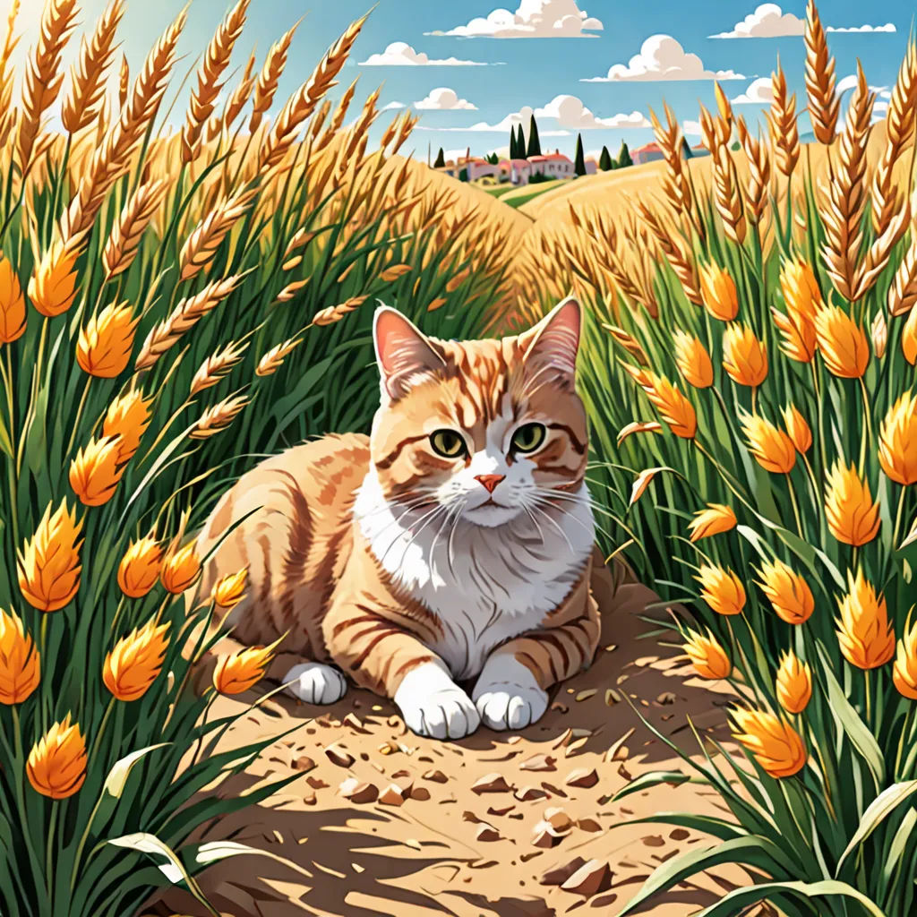 a cat sitting in a field of yellow flowers with a sky background and clouds in the background, with a cat sitting in the middle of the field, psychedelic art, a storybook illustration, Dan Mumford, josan gonzales and dan mumford