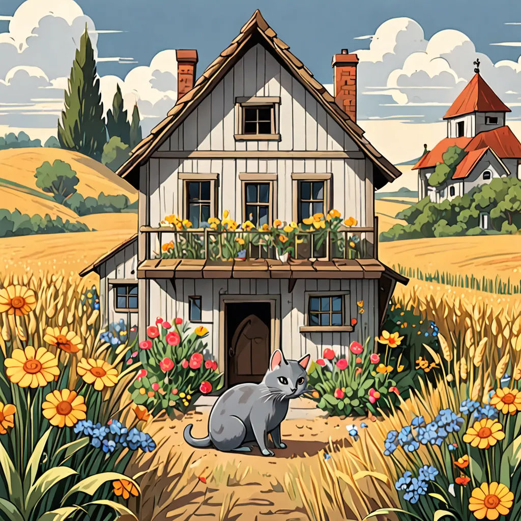 a cat sitting in front of a house with flowers in the front yard and a field of flowers in the back, synthetism, a storybook illustration, Chris LaBrooy, storybook illustration