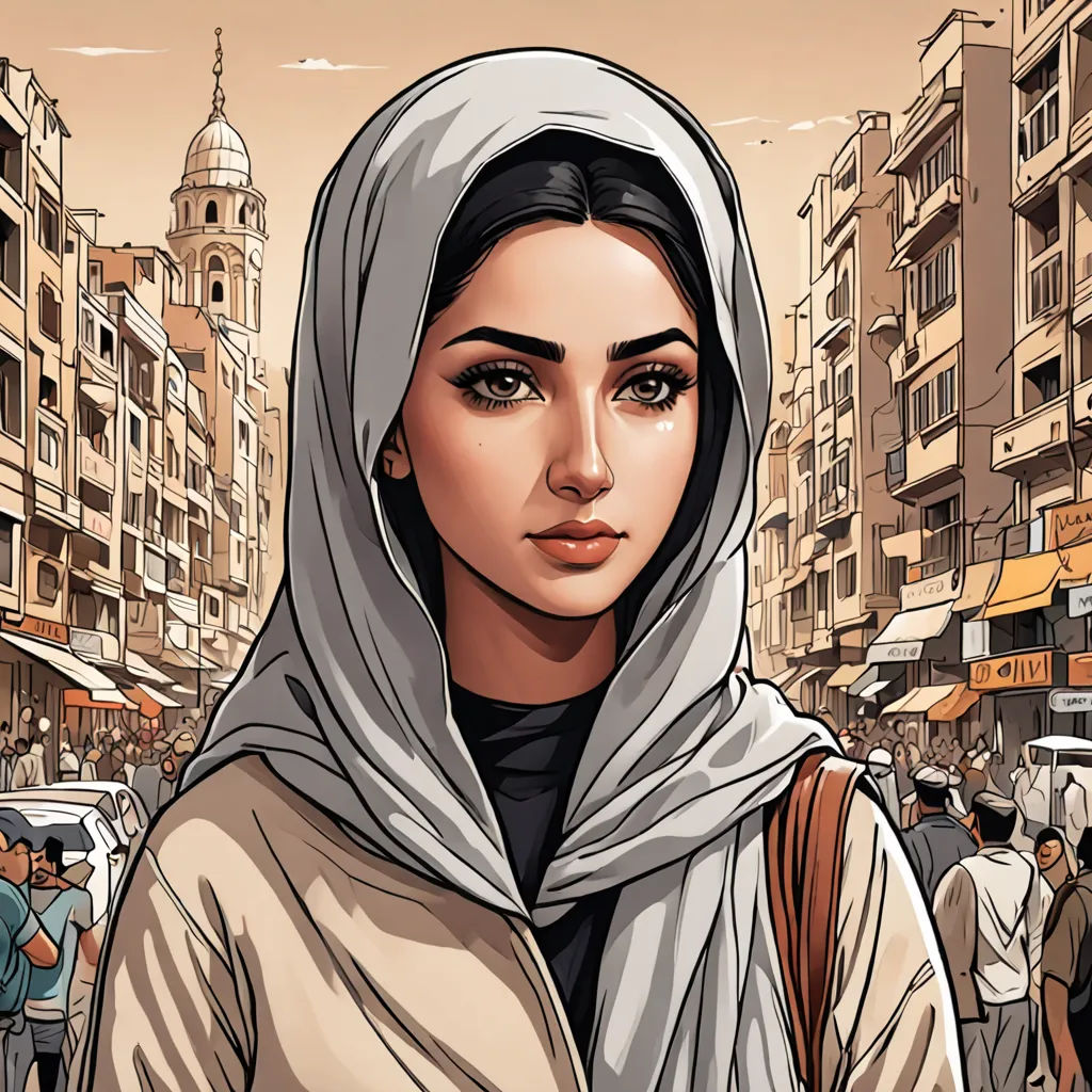 a woman in a headscarf is standing in a crowded street with buildings in the background and people walking around, serial art, a comic book panel, Amir Zand, graphic novel