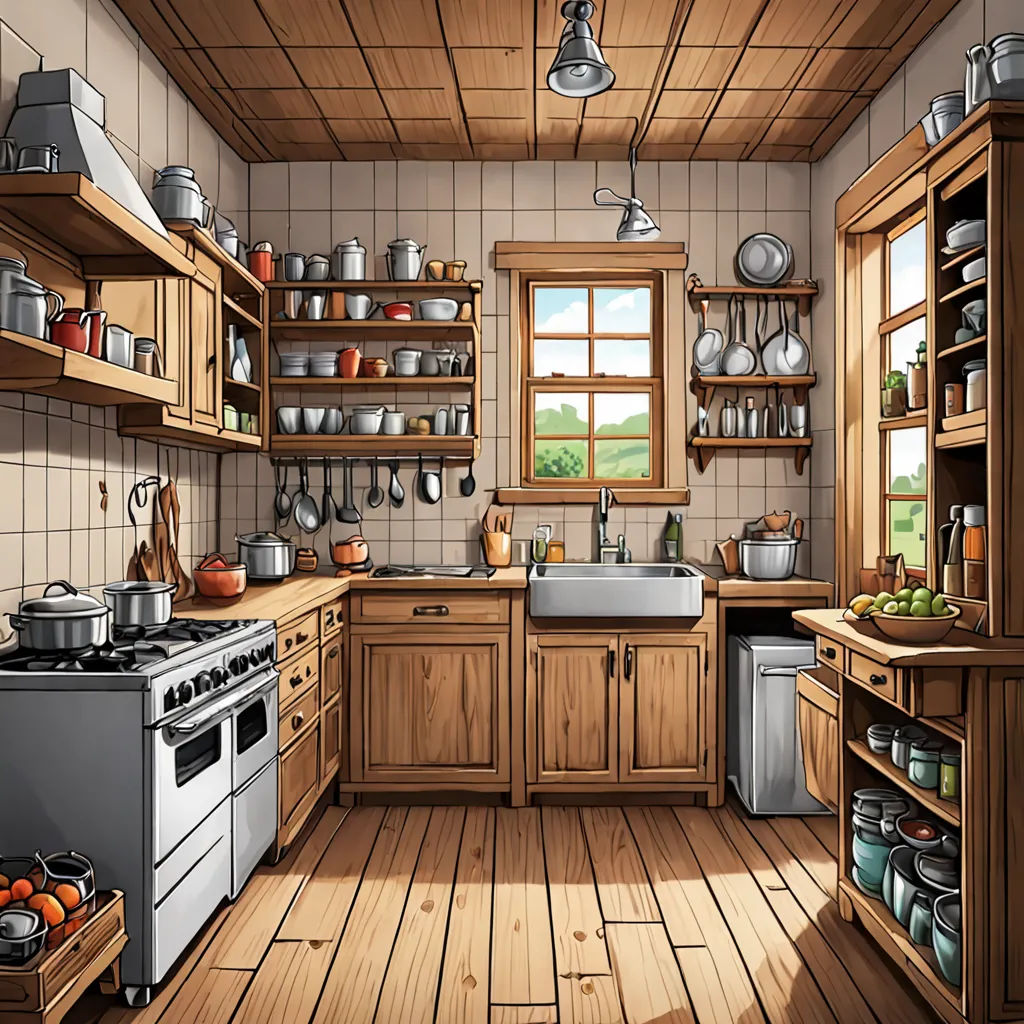 a kitchen with a stove, sink, and cabinets in it and a window in the wall above the stove, photorealism, a detailed matte painting, Beatrix Potter, game art