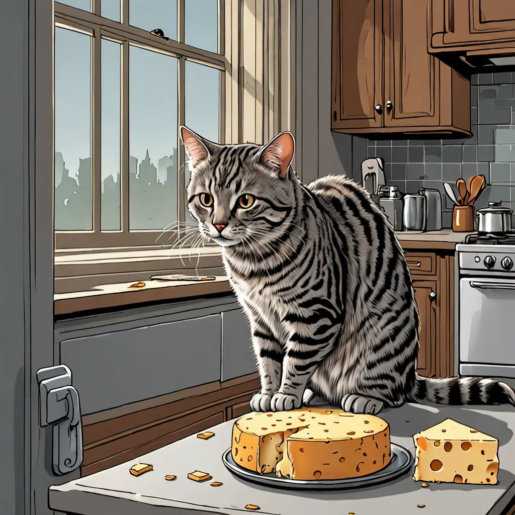 a cat sitting on a counter next to a piece of cheese on a plate with a knife in it, furry art, a storybook illustration, Chris Ware, detailed illustration