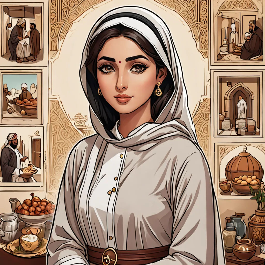 a woman in a white dress standing in front of a wall of pictures and a pot of food on a table, qajar art, egyptian art, Altoon Sultan, beautiful detailed