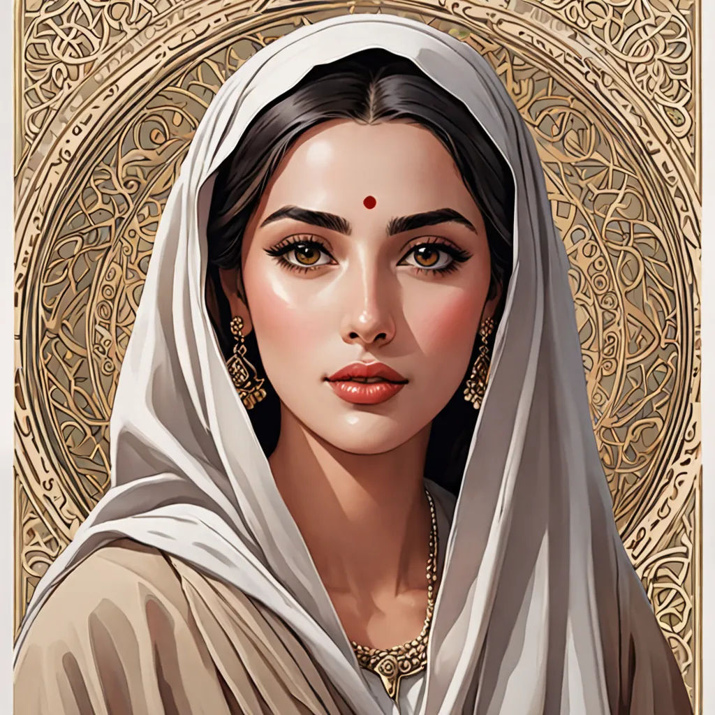 a painting of a woman wearing a veil and earrings with a golden background and a golden circle around her, qajar art, a detailed painting, Edwin Georgi, trending on art station