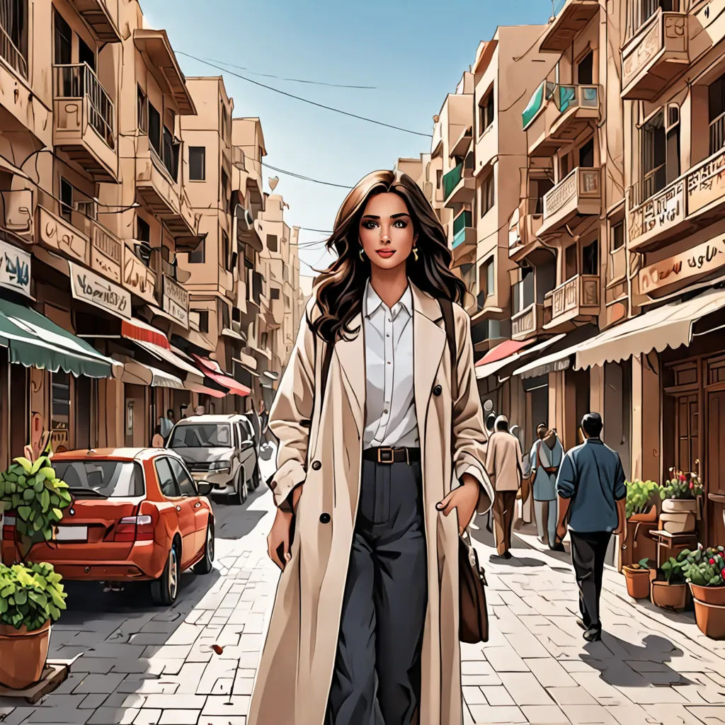 a woman walking down a street in a city with cars and buildings in the background and a man walking down the street, serial art, a comic book panel, Elina Karimova, official art