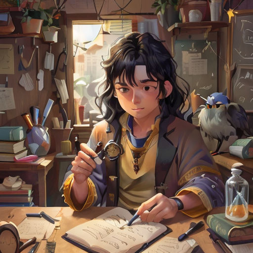 a woman sitting at a table with a book and a magnifying glass in her hand and a bird on the table