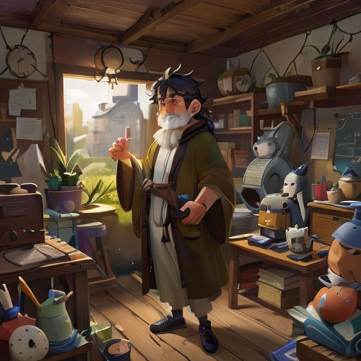 a man in a room with many objects and a window with a view of a town and a building
