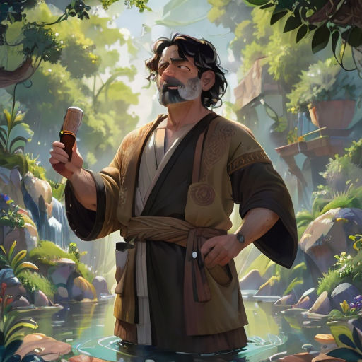a man with a beard and a robe holding a cell phone in his hand and standing in a forest