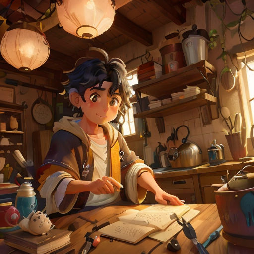 a boy is sitting at a table with a book and pen in his hand and a lamp above him