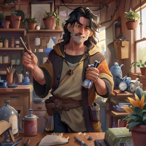 a man holding a bottle and a knife in a room with plants and other items on the table and a shelf with pots