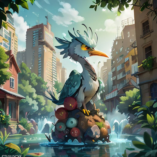a bird sitting on top of a pile of rocks in a city park with a waterfall and buildings in the background