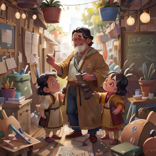 a man and two children in a room with lots of stuff on the floor and a chalkboard on the wall