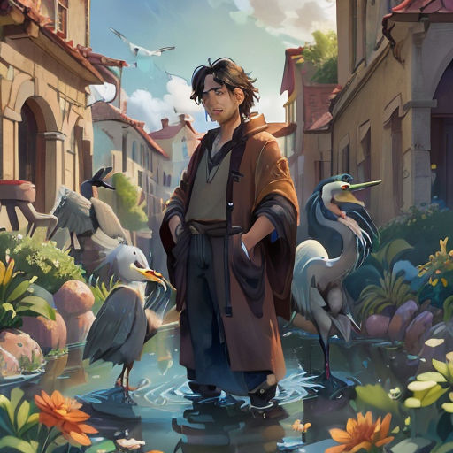 a man standing in a river surrounded by birds and flowers in a city with a bird in the water
