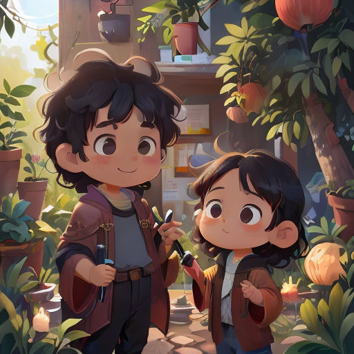 a couple of people standing next to each other near plants and potted plants in a room with a window
