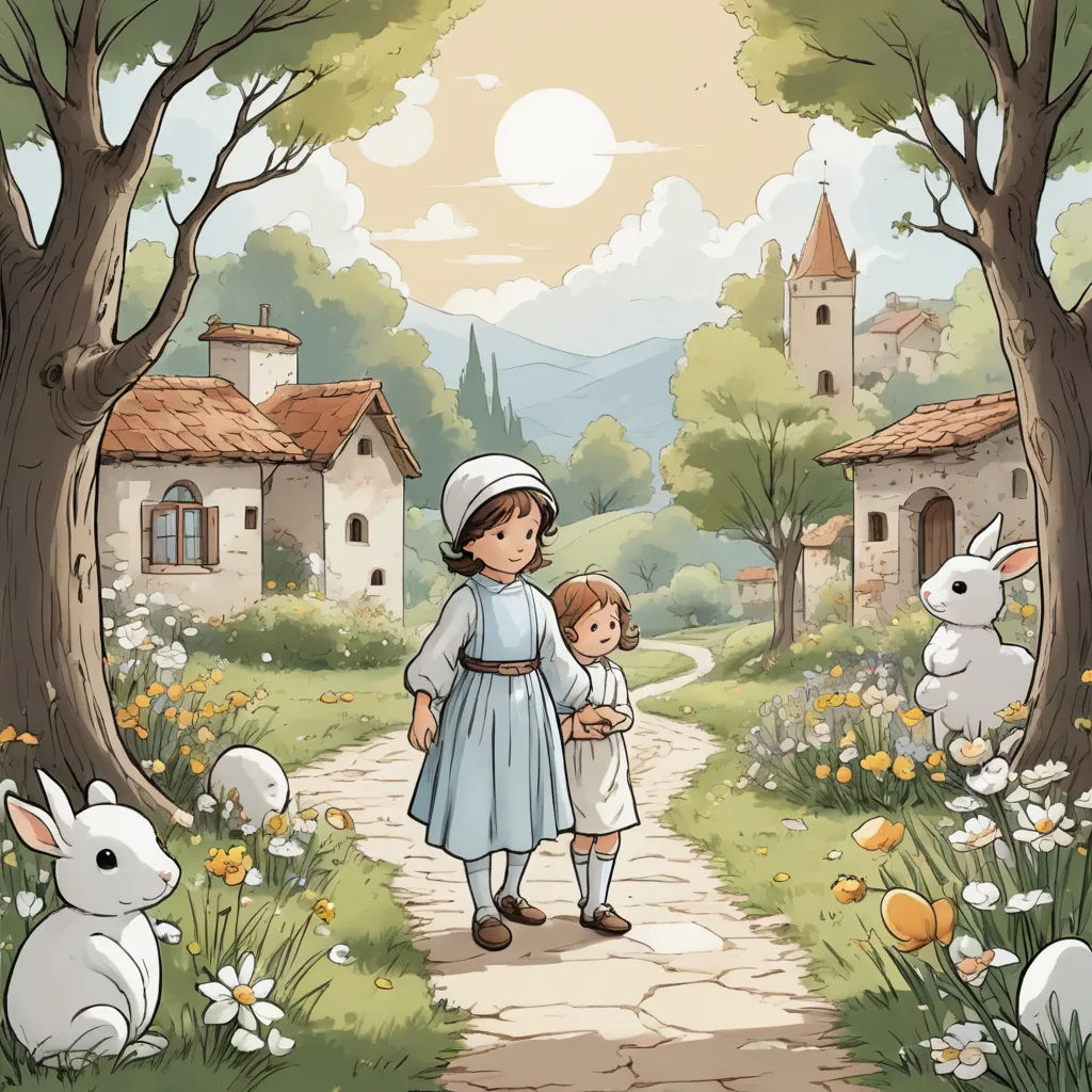 a little girl and a little boy are walking down a path with rabbits in the background and a house in the distance, fantasy art, a storybook illustration, Beatrix Potter, storybook illustration