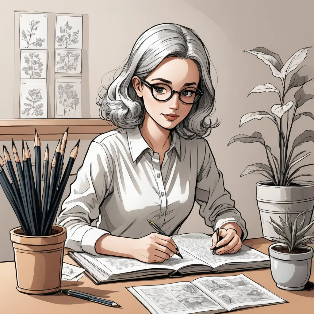 a woman sitting at a desk with a book and pen in her hand and a potted plant in the background, academic art, a character portrait, Artgerm, character portrait