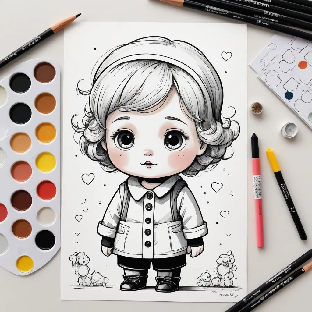 a drawing of a girl with a jacket on and a paint palette and markers nearby on a white surface, modern european ink painting, an ultrafine detailed painting, Artgerm, trending on art station