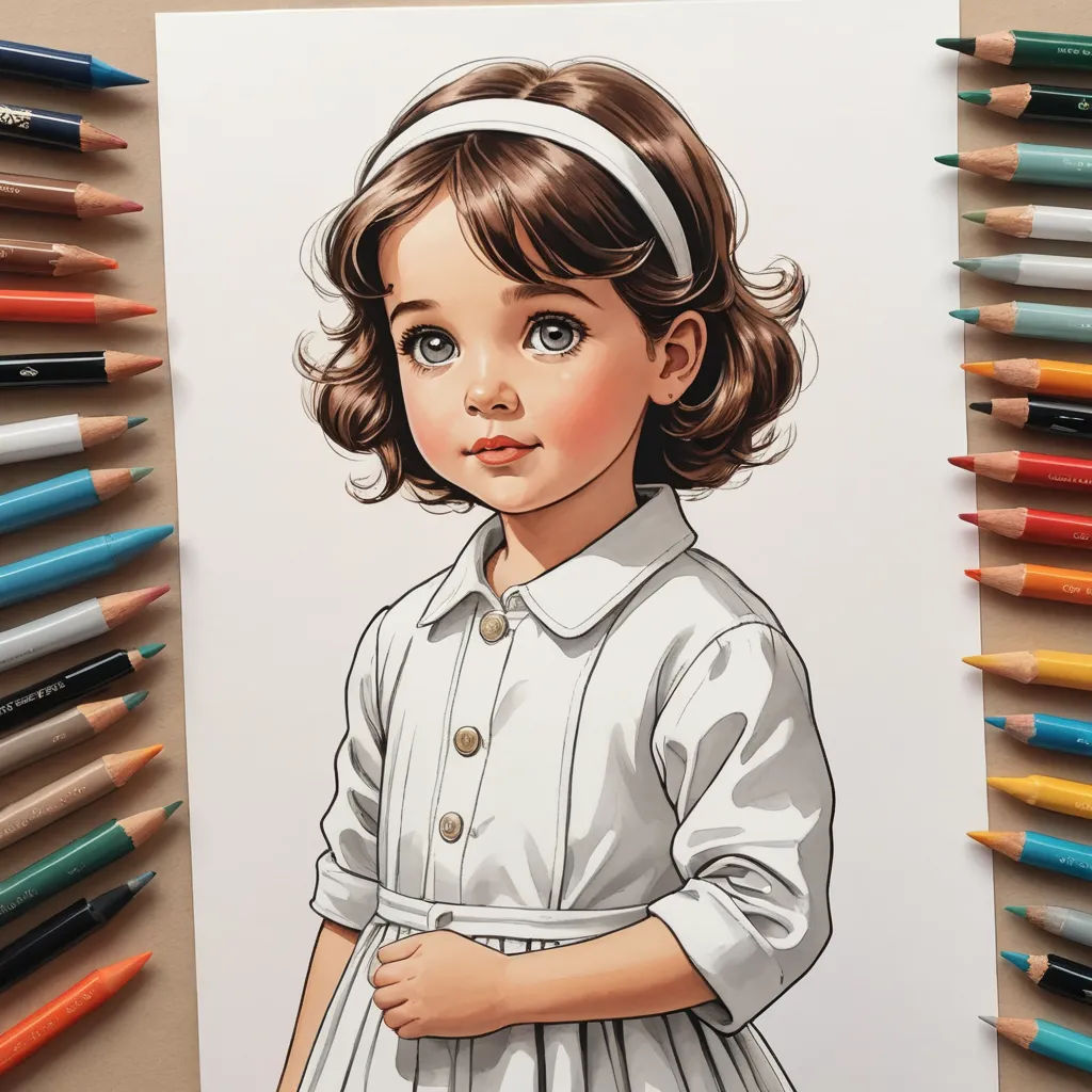 a drawing of a little girl with a headband on her head and a dress on her shoulders, with colored pencils around her, photorealism, a photorealistic painting, Artgerm, photorealistic portrait