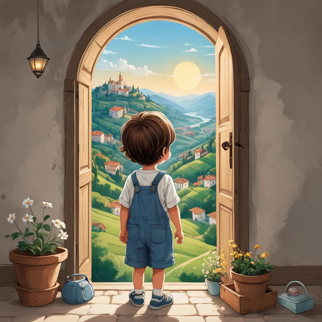 a little boy standing in front of a doorway looking at a scenic landscape with a castle in the background, magical realism, a storybook illustration, Cyril Rolando, storybook illustration