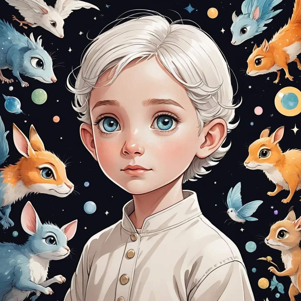 a painting of a boy surrounded by animals and stars in the sky with a blue eye and a white hair, fantasy art, a storybook illustration, Aaron Jasinski, trending on art station