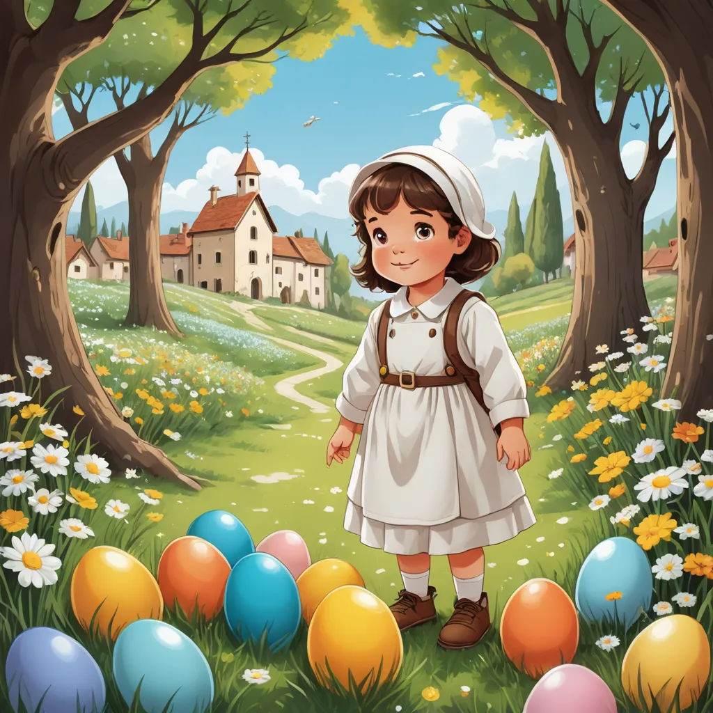 a girl standing in the middle of a field with eggs in front of her and a church in the background, naive art, a storybook illustration, Anne Said, storybook illustration
