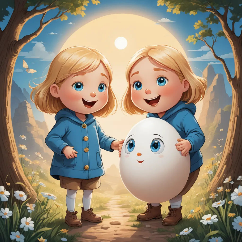 two little girls holding hands and standing in front of a tree with an egg in front of them,, pop surrealism, a storybook illustration, Brothers Hildebrandt, trending on art station