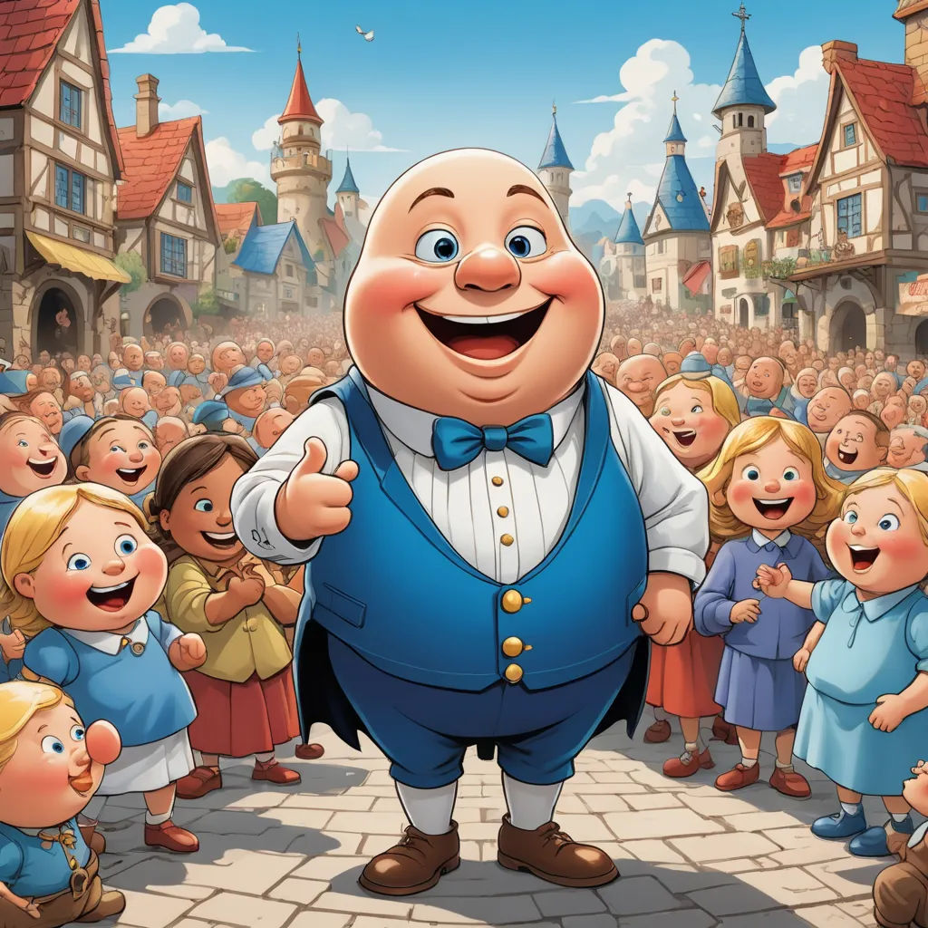 a cartoon character is standing in front of a crowd of children in a town square with a large man in a blue suit, lowbrow, a storybook illustration, Fernando Botero, official art