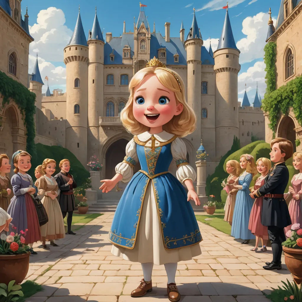 a cartoon character standing in front of a castle with a crowd of people watching it in front of her, fantasy art, a storybook illustration, Chris LaBrooy, official art