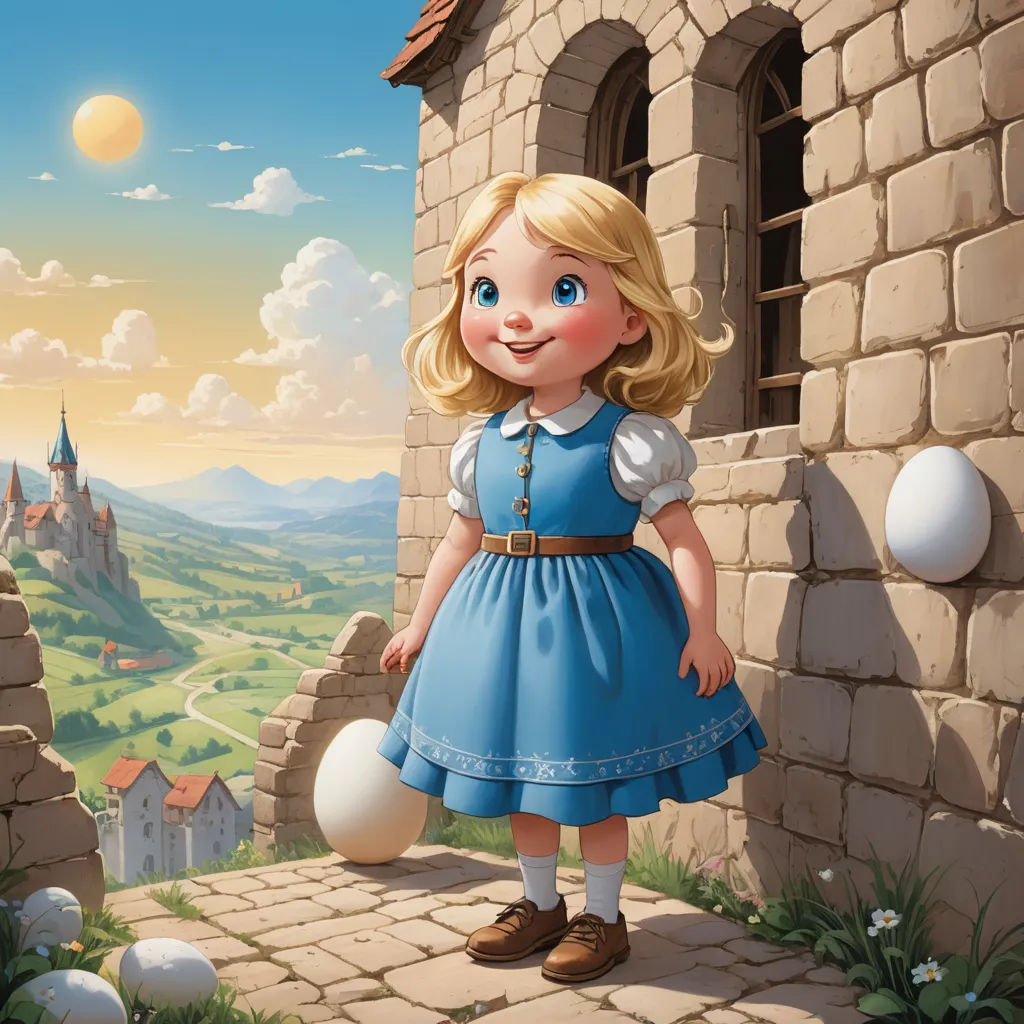 a cartoon girl in a blue dress standing in front of a castle with an egg in her hand and a castle in the background, fantasy art, a storybook illustration, Chris LaBrooy, storybook illustration
