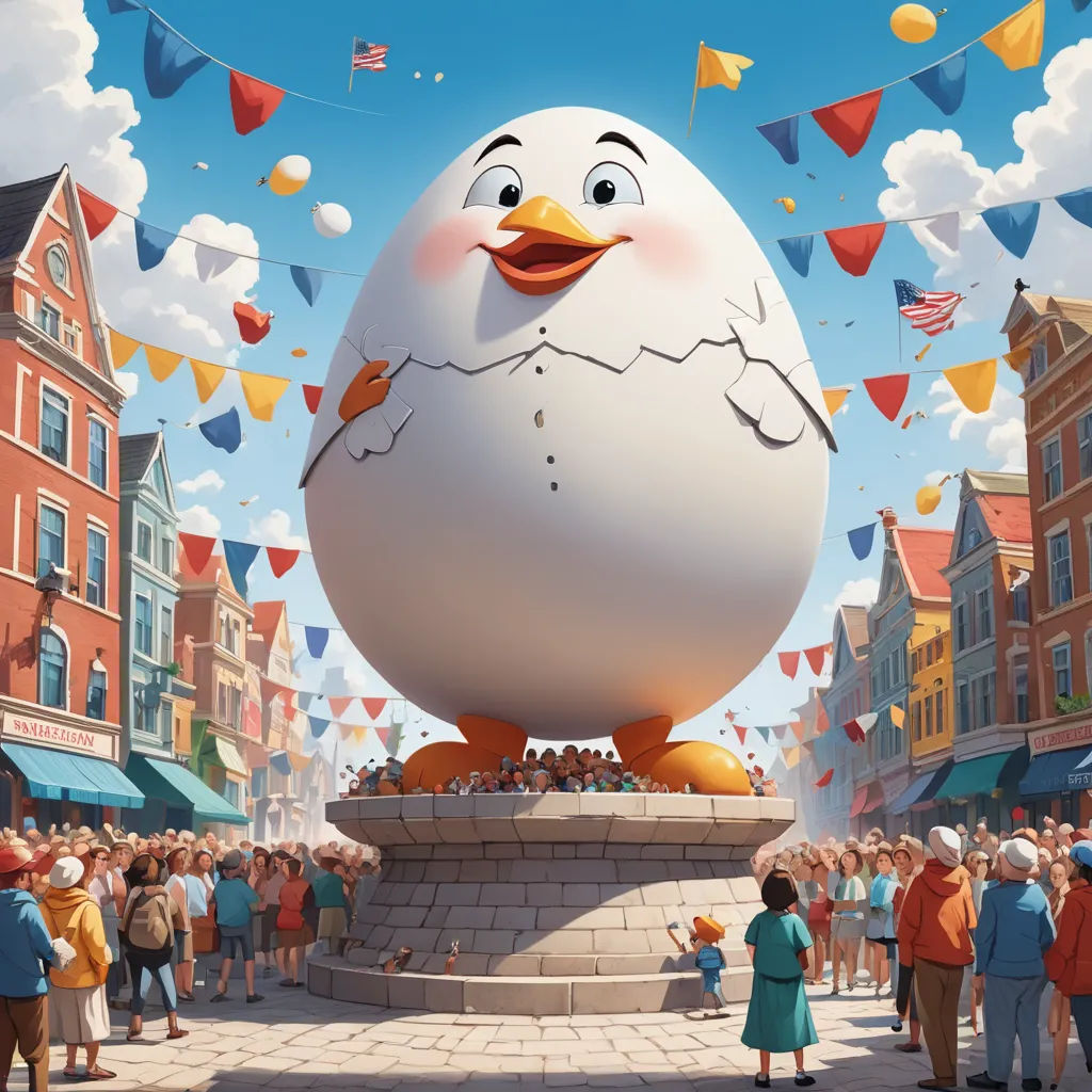 a large egg with a face on it in a crowd of people in a town square with flags and bunting, american scene painting, a digital rendering, Chris LaBrooy, rossdraws global illumination
