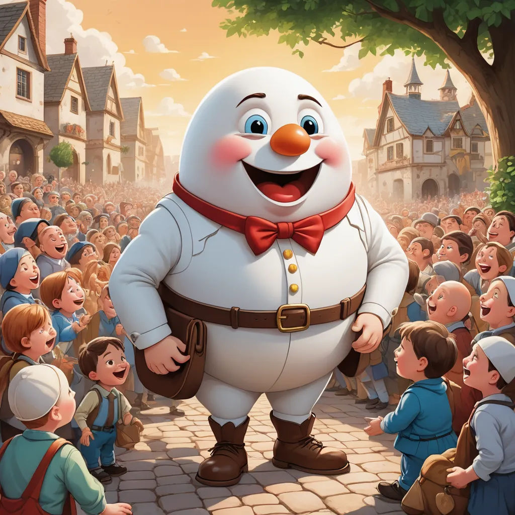 a cartoon character standing in front of a crowd of children in a town square with a smiling man in a red bow tie, sots art, a storybook illustration, Brian Snøddy, official art