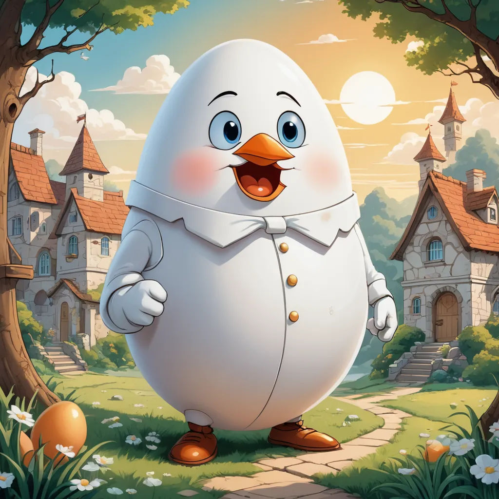 a cartoon character dressed as a chicken in a park setting with a castle in the background and a sunset, pop surrealism, a storybook illustration, Chris LaBrooy, official art