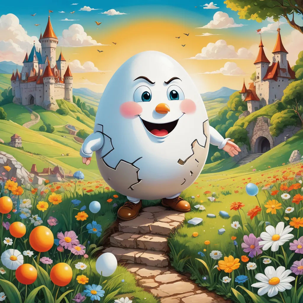 a cartoon character is walking through a field of flowers and grass with a castle in the background and a path leading to an egg, pop surrealism, a storybook illustration, Chris LaBrooy, promotional image