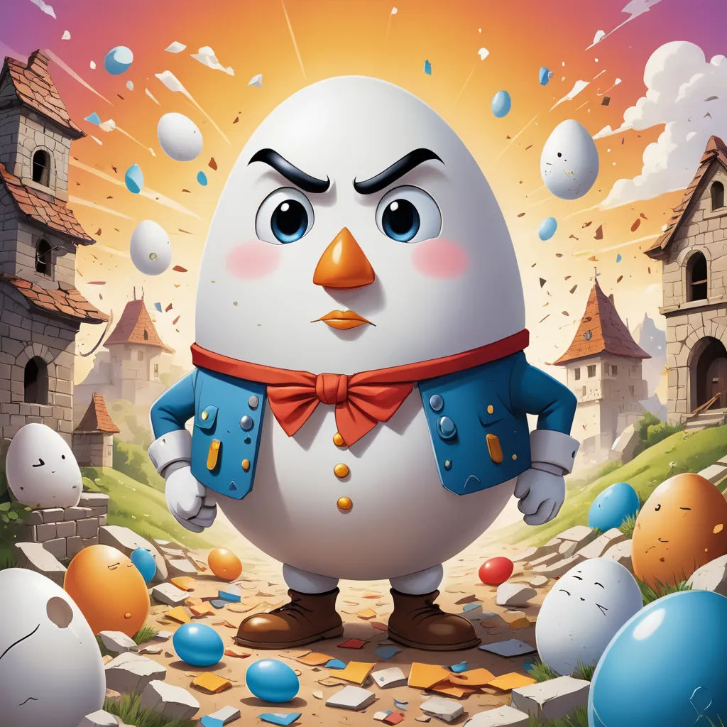 a cartoon character is standing in front of a bunch of eggs with a bow tie on and a castle in the background, pop surrealism, a character portrait, Chris LaBrooy, 2 d game art
