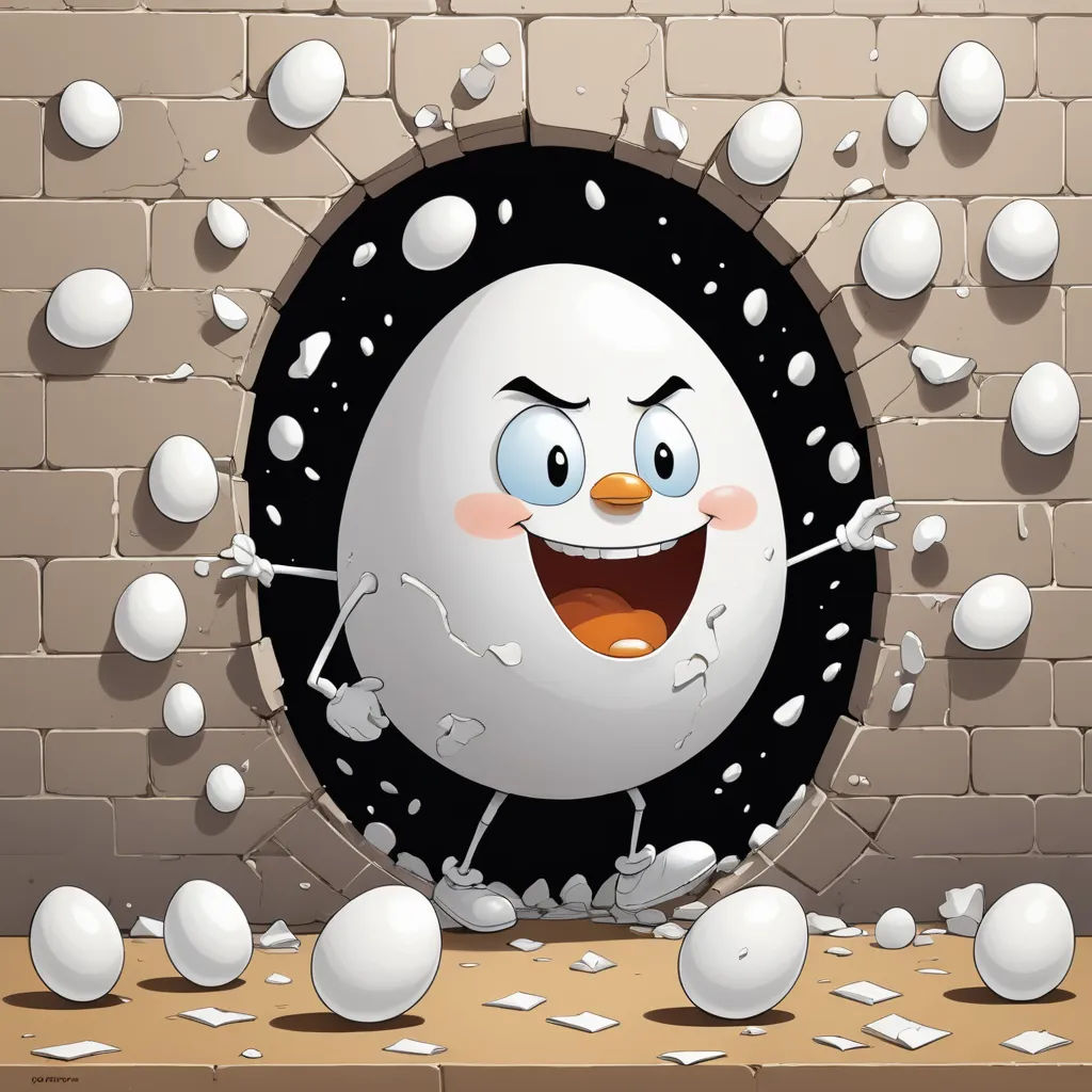 a cartoon egg breaking through a brick wall with a hole in it's center and eggs scattered around it, pop surrealism, poster art, Andries Stock, 2 d game art
