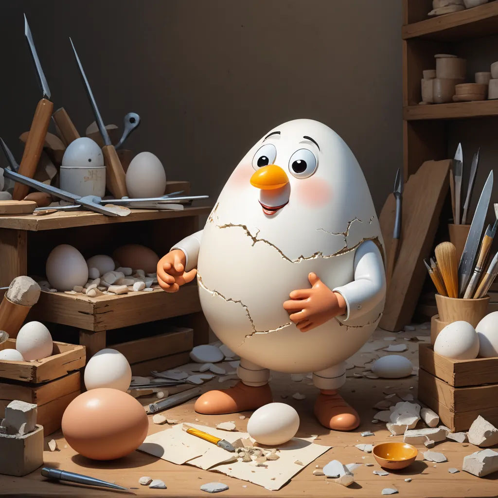 a cartoon character is standing in a room full of eggs and broken eggs, with a knife and fork in his hand, photorealism, a 3D render, Chris LaBrooy, pixar and disney animation