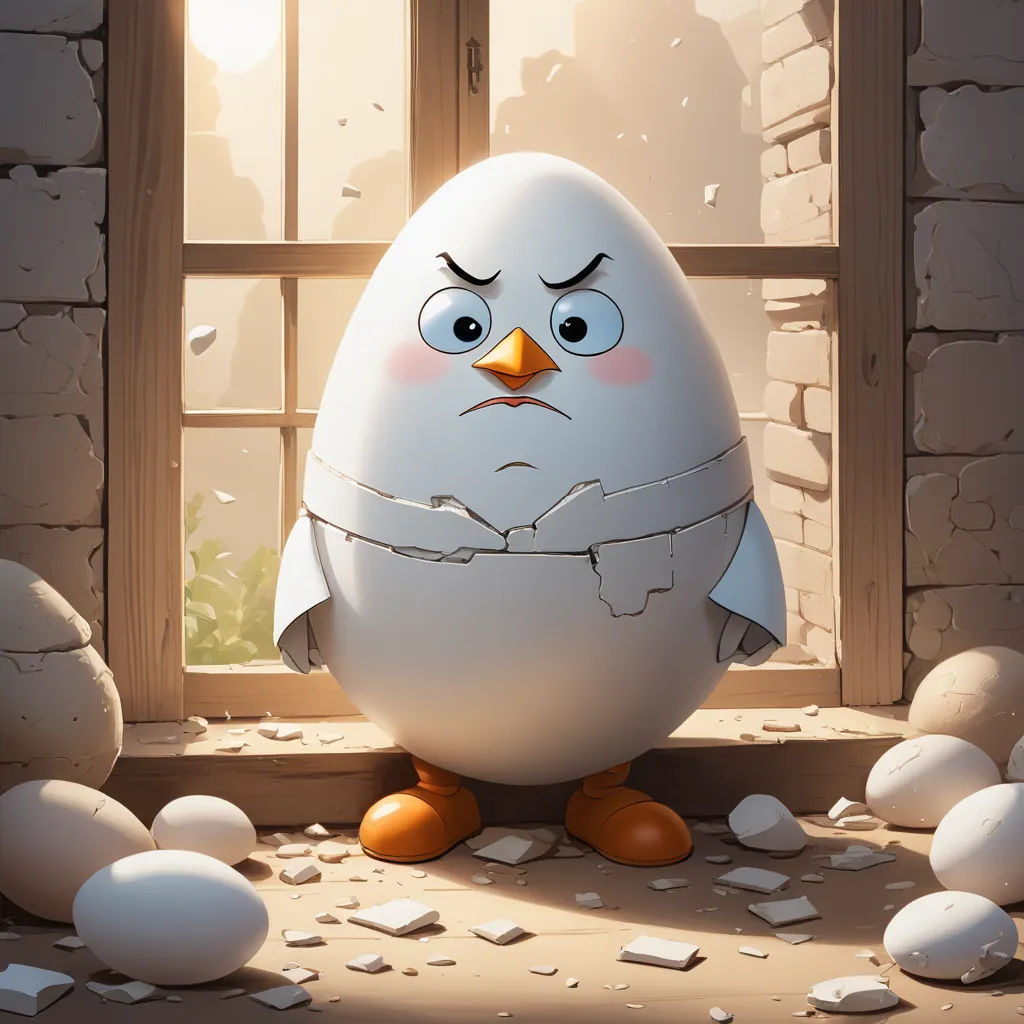 a cartoon chicken with a broken egg in front of a window with broken eggs around it and a broken egg in the foreground, shock art, a character portrait, Chris LaBrooy, angry