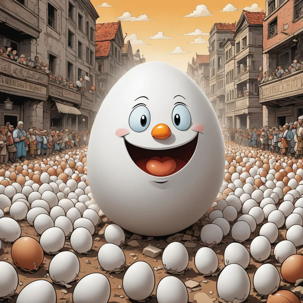 a large egg with a smiling face surrounded by hundreds of eggs in a street with people standing around it, pop surrealism, an ambient occlusion render, David Martin, highly detailed digital painting