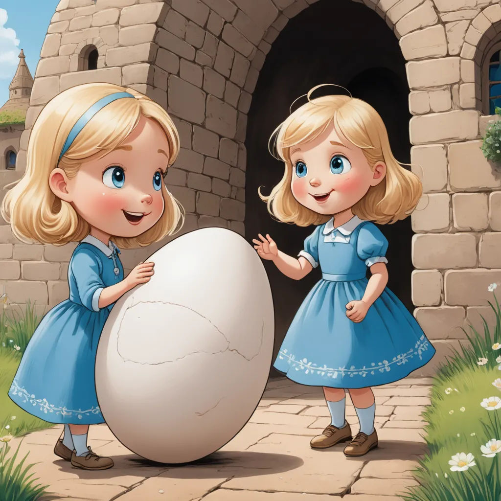 two little girls standing next to a giant egg in front of a castle entrance with a stone wall and a stone archway, fantasy art, a storybook illustration, Alice Prin, storybook illustration