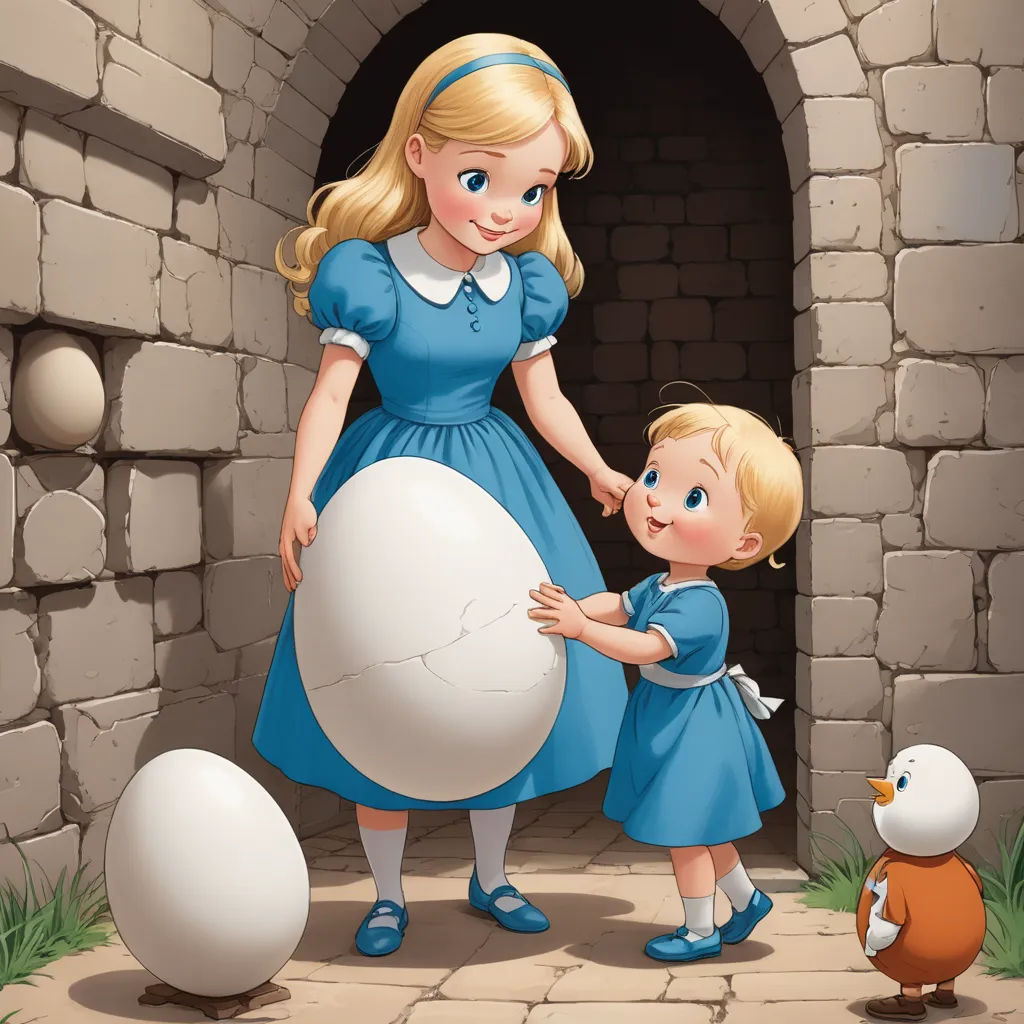 a little girl holding a giant egg next to a little girl in a blue dress and a duck in a brick archway, fantasy art, a storybook illustration, Alice Prin, storybook illustration