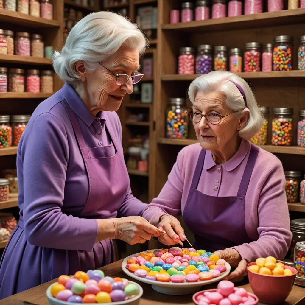 two women in purple shirts are decorating a cake with candy on it and a bowl of candies, net art, a stock photo, Charles Ginner, hyper real