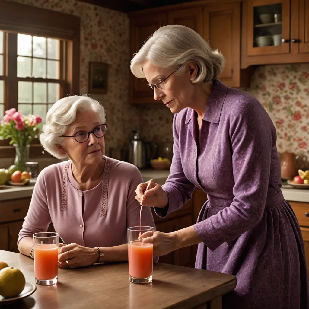 a woman standing next to a woman holding a glass of juice in a kitchen next to a table with fruit, american scene painting, a stock photo, Ada Gladys Killins, promotional image