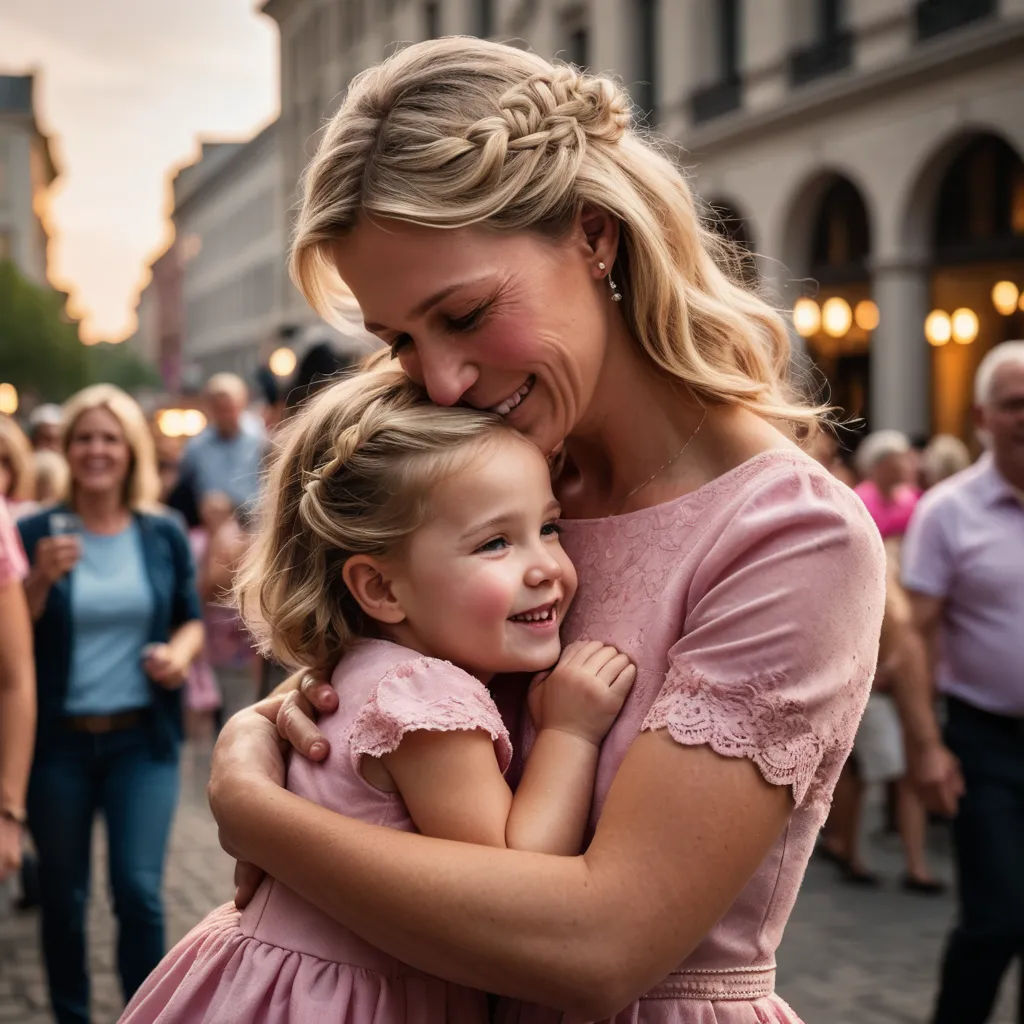 a woman hugging a little girl on the street with people in the background at sunset or dawn or dawn, viennese actionism, a stock photo, Florianne Becker, portrait photography