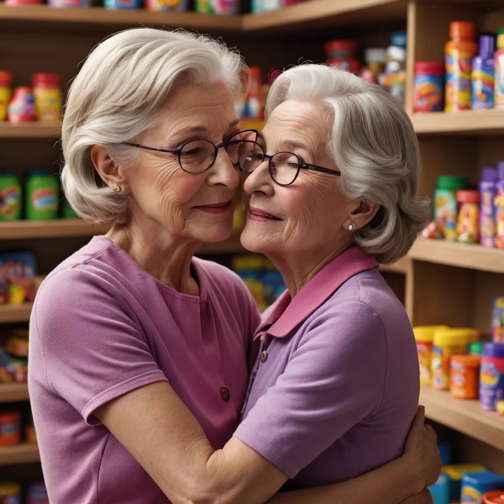a woman hugging another woman in a store filled with shelves of baby products and toys and a shelf of baby goods, figurativism, a stock photo, Eileen Aldridge, promotional image