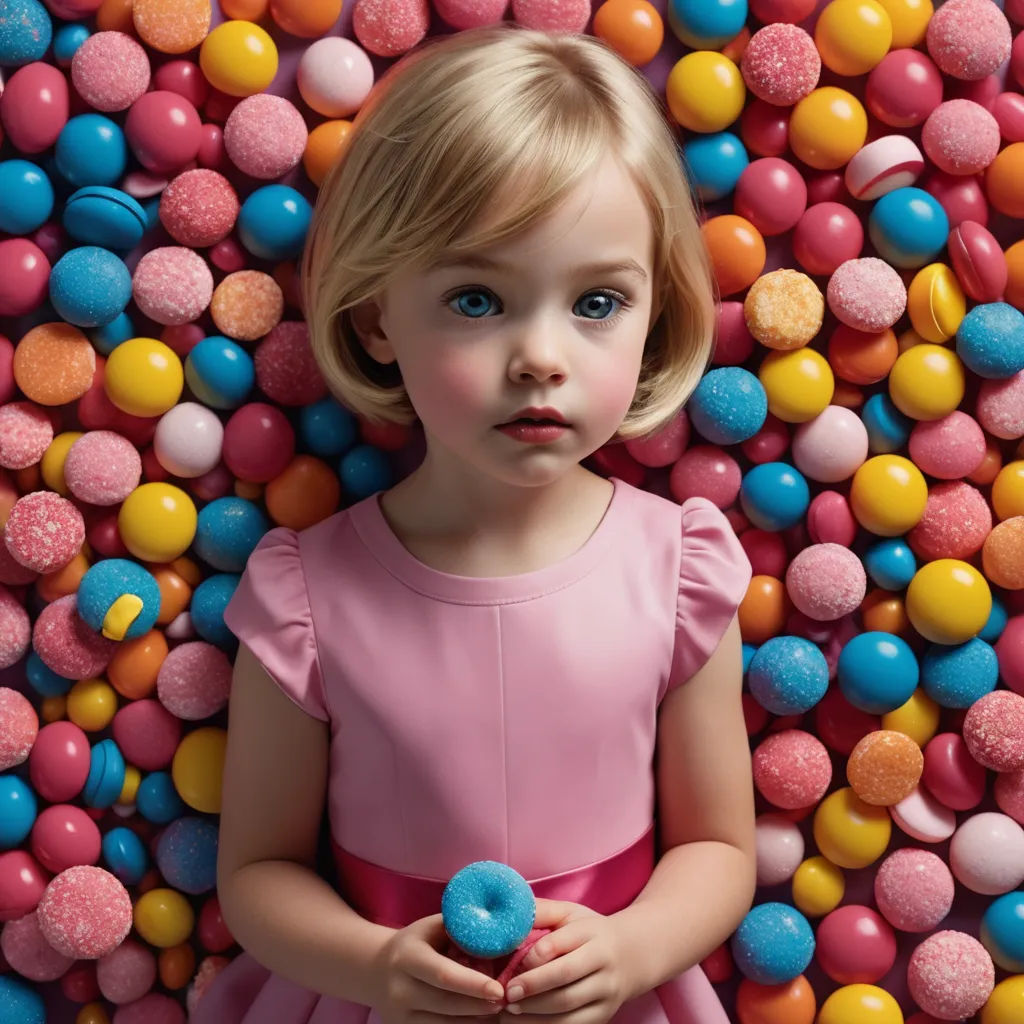 a little girl standing in front of a wall of candy balls with a blue eye and a pink dress, hyperrealism, a photorealistic painting, Daniel Lieske, hi - fructose