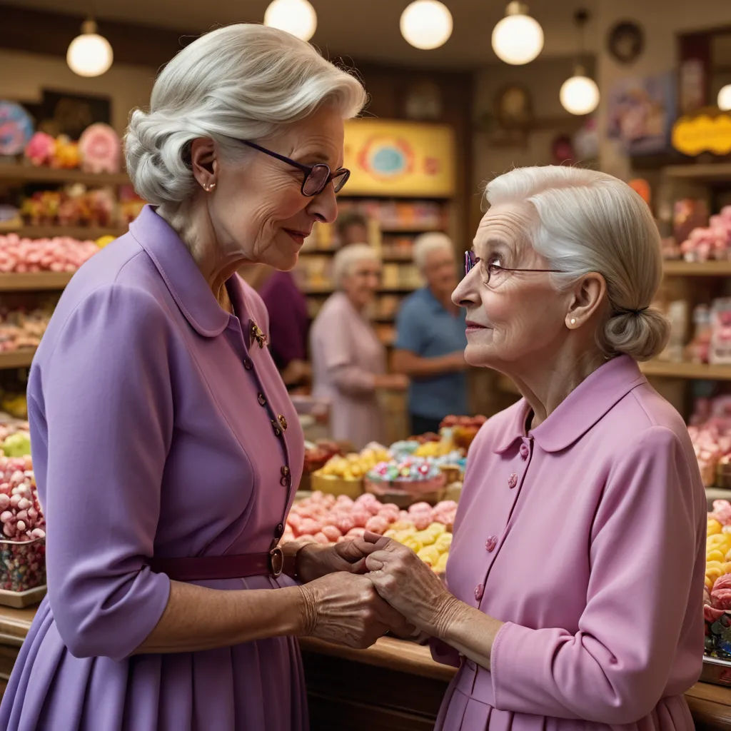 two older women standing in a store talking to each other and smiling at each other's eyes,, arbeitsrat für kunst, a stock photo, Betty Merken, promotional image