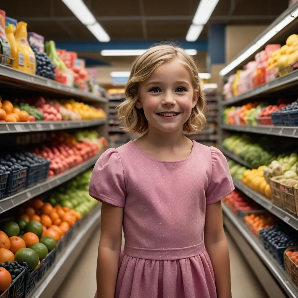 a little girl standing in front of a display of fruits and vegetables in a grocery store aisle smiling at the camera, photorealism, a stock photo, Elinor Proby Adams, promotional image