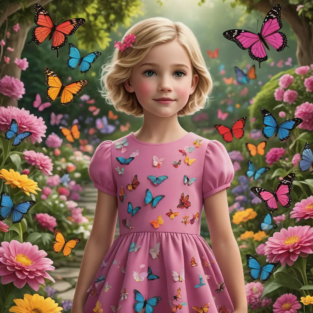 a little girl standing in a field of flowers with butterflies around her and a path leading to a butterfly - filled garden, magic realism, an ultrafine detailed painting, Celia Fiennes, highly detailed digital painting