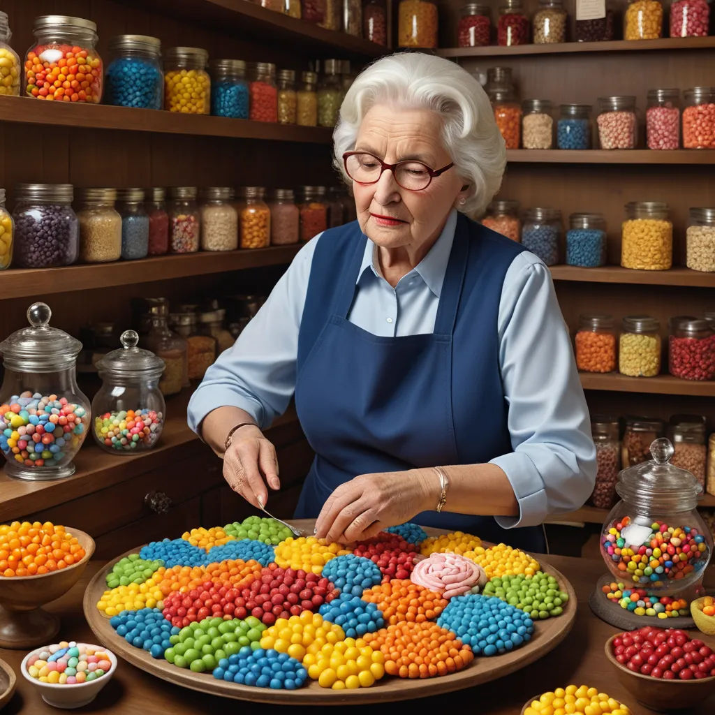 a woman in a blue shirt and a tray of candy in a store with shelves full of jars and jars, neoplasticism, a jigsaw puzzle, Chris LaBrooy, affinity photo