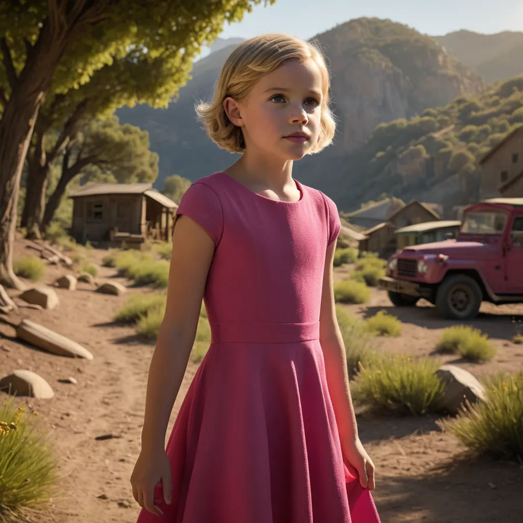a little girl in a pink dress standing in a dirt road with a pink jeep in the background and a mountain in the background, american realism, a character portrait, Elisabeth Collins, promotional image